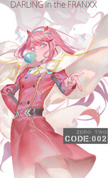  aqua_eyes blowing_bubbles breasts buttons character_name chewing_gum cowboy_shot darling_in_the_franxx double-breasted feixiang_de_huojiren female hairband highres horns jacket looking_at_viewer medium_breasts military military_uniform necktie oni_horns pink_hair red_horns red_jacket strelizia suit_jacket uniform white_hairband yellow_necktie zero_two_(darling_in_the_franxx) 