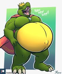  2018 3_toes 4_fingers anthro artist_name belly belly_overhang biceps big_belly big_pecs biped bottomless cape cape_only claws closed_eyes clothed clothing crocodile crocodilian crocodylid crown dated digital_media_(artwork) donkey_kong_(series) english_text fangs featureless_crotch feet fingers front_view full-length_portrait gem green_body green_scales hands_on_hips headgear hi_res k_rool king kremling laugh male mostly_nude musclegut muscular muscular_anthro muscular_male navel nintendo obese obese_anthro obese_male open_mouth open_smile outie_navel overweight overweight_anthro overweight_male pecs pink_tongue plantigrade portrait quads reptile royalty scales scalie sharp_teeth signature simple_background smile snout solo standing stomach_bulge tanio teeth text thick_thighs toe_claws toes tongue topless uvula watermark white_claws 