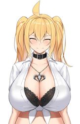  ahoge black_bra blonde_hair blush bra bra_visible_through_clothes breasts choker cleavage closed_eyes collared_shirt female hair_between_eyes heart highres huge_breasts jewelry kirome_(kamipaper) long_hair necklace open_mouth original saaya_(kirome) shirt simple_background skull_necklace smile solo tied_shirt twintails unbuttoned unbuttoned_shirt underwear white_background white_shirt 