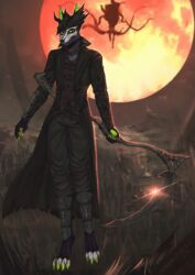  absurd_res anthro black_body black_bottomwear black_clothing black_coat black_neckwear black_pants black_topwear bloodborne bottomwear cheek_tuft claws clothed clothing coat facial_piercing facial_tuft finger_claws fromsoftware front_view glistening glistening_eyes green_claws hi_res holding_scythe looking_at_viewer male moon moon_presence_(bloodborne) neckwear nose_piercing nose_ring pants piercing pupils ring_piercing septum_piercing septum_ring slit_pupils smogville solo sony_corporation sony_interactive_entertainment species_request standing toe_claws topwear tuft white_body 