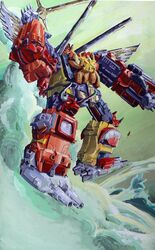  1980s_(style) assault_visor clenched_hand decepticon holding holding_sword holding_weapon looking_at_viewer marble-v mecha painting_(medium) predaking retro_artstyle robot shoulder_cannon solo sword traditional_media transformers transformers:_generation_1 weapon 