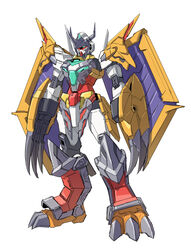  absurdres aqua_eyes claws core_gundam_ii crossover digimon digimon_(creature) fusion gundam gundam_build_divers gundam_build_divers_re:rise highres mecha mechanical_wings no_humans robot science_fiction solo standing sukekiyo56 v-fin wargreymon white_background wings 