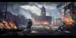  absurdres aircraft airplane artist_name battle c-47 chinese_commentary commentary dirigible dome fire grey_sky gun helmet highres letterboxed location_request lonesome_street original pillar rifle ruins scenery sky smoke soldier trench war weapon 