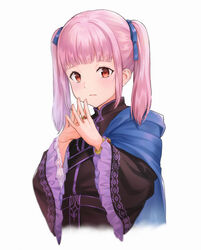  absurdres black_dress blue_cape blue_ribbon blunt_bangs cape closed_mouth commentary_request cropped_torso dress female frilled_sleeves frills hair_ribbon hannelore_(honzuki_no_gekokujou) highres honzuki_no_gekokujou jewelry long_hair long_sleeves pink_hair red_eyes ribbon ring side_cape simple_background solo twintails upper_body white_background wide_sleeves yumeha_tseru 