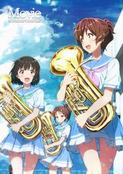  3girls blue_sailor_collar blue_skirt blue_sky brown_eyes brown_hair cloud commentary_request cowboy_shot day euphonium gekijouban_hibike!_euphonium green_neckerchief hibike!_euphonium hisaishi_kanade instrument key_kun kitauji_high_school_uniform long_hair multiple_girls nakagawa_natsuki neckerchief oumae_kumiko outdoors pink_neckerchief pleated_skirt ponytail purple_eyes sailor_collar school_uniform serafuku short_hair short_sleeves skirt sky wavy_hair 