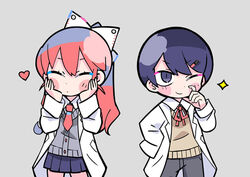  1boy blue_skirt blush_stickers bow buttons cardigan chibi closed_eyes closed_mouth commentary cowboy_shot female grey_background grey_cardigan grey_pants hair_between_eyes hair_ornament hair_ribbon hairbow hairclip hands_on_own_cheeks hands_on_own_face heart indie_utaite lab_coat long_hair looking_ahead magnet nanawo_akari neck_ribbon necktie official_art one_eye_closed pants ponytail red_hair red_necktie red_ribbon ribbon school_uniform scratching_cheek short_necktie sidelocks simple_background skirt sleeves_past_fingers sleeves_past_wrists sou_(utaite) sparkle sweater_vest terada_tera triangle turing_love utaite v-shaped_eyebrows white_ribbon yellow_sweater_vest 