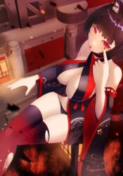  animal_ears azur_lane black_hair black_panties breasts center_opening cleavage criss-cross_halter crossed_legs detached_sleeves female fingernails from_above gradient_legwear halterneck highres large_breasts looking_at_viewer looking_up nail_polish panties red_eyes red_nails red_thighhighs sharp_fingernails short_hair solo tako-san_wiener_(takosanuma) thighhighs thighs tongue tongue_out underwear wide_sleeves yamashiro_(azur_lane) yamashiro_(meta)_(azur_lane) 