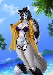  2020 5_fingers anthro bikini black_hair breasts canid canine clothing collar day detailed_background digital_media_(artwork) ear_piercing elvofirida female fingers hair heterochromia hi_res industrial_piercing mammal michka_kulestis midriff navel outside piercing seaside sky slim solo standing swimwear tail water white_body 