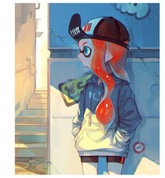  aka_tonbo_(lovetow) aqua_eyes black_headwear black_shorts female green_eyes grey_hoodie hand_in_pocket hat highres hood hoodie industrial_pipe inkling inkling_girl inkling_player_character long_hair long_sleeves looking_to_the_side orange_hair outdoors pointy_ears short_shorts shorts splatoon_(series) splatoon_2 stairs sticker wall 