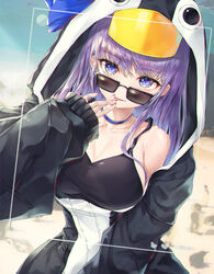  :p animal_hood bare_shoulders bikini black-framed_eyewear black_bikini black_jacket black_tank_top blue_bow blue_choker blue_eyes blurry blurry_background bow breasts choker cleavage collarbone commentary day depth_of_field fate/grand_order fate_(series) female fingernails glint h2o_(dfo) hair_between_eyes highres hood hood_up hooded_jacket jacket long_hair long_sleeves looking_at_viewer looking_over_eyewear medium_breasts meltryllis_(fate) meltryllis_(swimsuit_lancer)_(fate) meltryllis_(swimsuit_lancer)_(first_ascension)_(fate) nail_polish outdoors penguin_hood purple_hair red_nails sleeves_past_wrists solo sunglasses swimsuit symbol-only_commentary tank_top tongue tongue_out 