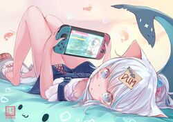  animal_ears barefoot blue_eyes blue_hair blunt_bangs cat_ears dice_hair_ornament dum_sticky_note feet female fins fish_tail game_console gawr_gura gawr_gura_(casual) hair_ornament handheld_game_console holding holding_handheld_game_console hololive hololive_english looking_at_viewer medium_hair multicolored_hair nekomimipunks nintendo_switch official_alternate_costume playing_games shark_girl shark_tail spread_toes streaked_hair tail toes two_side_up virtual_youtuber white_hair 