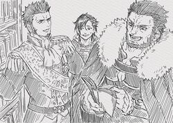  3boys armor ascot bad_id bad_pixiv_id beard book bookshelf breastplate cape epaulettes facial_hair fate/grand_order fate/zero fate_(series) goatee greyscale iduhara_jugo iskandar_(fate) library long_sideburns long_sleeves male_focus mandricardo_(fate) mature_male military military_uniform monochrome multicolored_hair multiple_boys napoleon_bonaparte_(fate) open_book open_mouth pants pectorals reading sideburns smile two-tone_hair uniform 