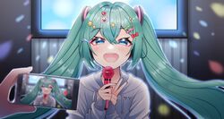  1other blue_eyes blurry blurry_foreground bow cellphone_photo female green_hair grey_hoodie hair_ornament hairbow hairclip hands_up hatsune_miku highres holding holding_microphone holding_phone hood hood_down hoodie long_hair long_sleeves masumofu microphone nail_polish phone piapro red_nails solo_focus star_(symbol) star_hair_ornament taking_picture twintails vocaloid 