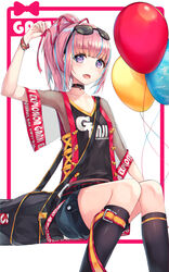  :d arm_up bad_id bad_pixiv_id bag balloon black-framed_eyewear black_choker black_shirt black_socks blue_hair blue_shorts blush breasts choker clothes_writing clothing_cutout collarbone commentary cross-laced_clothes cross-laced_cutout duffel_bag eyewear_on_head feet_out_of_frame female fishnet_fabric fishnet_sleeves fishnets h2o_(dfo) hair_ribbon high_ponytail highres kneehighs long_hair multicolored_hair oerba_yun_fang open_mouth original pink_hair ponytail purple_eyes red_ribbon revision ribbon see-through see-through_silhouette shirt short_shorts short_sleeves shorts side-tie_shirt sitting small_breasts smile socks solo streaked_hair sunglasses symbol-only_commentary wide_sleeves 