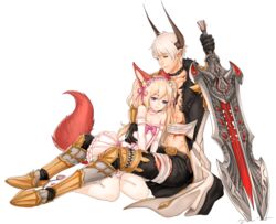  1boy animal_ears bad_deviantart_id bad_id black_choker blonde_hair blue_eyes castanic choker elbow_gloves elin female fox_ears fox_tail full_body gloves holding holding_sword holding_weapon horns injury nipuni pointy_ears sad sitting slayer_(tera_online) sword tail tera_online transparent_background weapon 