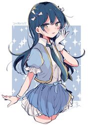  bad_id bad_twitter_id blue_hair blush commentary_request cowboy_shot female flower gloves hair_between_eyes hair_flower hair_ornament kudo_(low_temp) long_hair looking_at_viewer love_live! love_live!_school_idol_project necktie short_sleeves simple_background single_glove smile solo sonoda_umi two-tone_background white_gloves yellow_eyes 