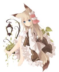  animal_ear_fluff animal_ears barefoot blue_eyes brown_dress brown_hair closed_mouth commentary_request dress female fox_ears fox_girl fox_tail frilled_dress frills full_body hair_between_eyes highres kushida_you lantern long_hair long_sleeves multicolored_hair original plant shirt simple_background sitting sleeves_past_wrists solo tail two-tone_hair very_long_hair white_background white_shirt 