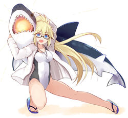  blonde_hair blue_eyes breasts commentary competition_swimsuit desperado fate/grand_order fate_(series) female full_body glasses jacket jeanne_d&#039;arc_(fate) jeanne_d&#039;arc_(swimsuit_archer)_(fate) jeanne_d&#039;arc_(swimsuit_archer)_(second_ascension)_(fate) long_hair looking_at_viewer medium_breasts one-piece_swimsuit open_clothes open_jacket ponytail pose red-framed_eyewear sandals sen_(astronomy) shark sidelocks simple_background solo swimsuit whistle whistle_around_neck white_background white_jacket white_one-piece_swimsuit 