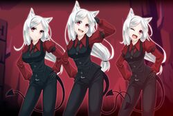  3girls :&lt; :d ;d animal_ear_fluff animal_ears arm_up belt_buckle black_gloves black_necktie black_pants black_vest breasts buckle buttons cave cerberus_(helltaker) collared_shirt commentary_request contrapposto demon_girl demon_tail dog_ears expressionless feet_out_of_frame gloves hand_in_own_hair hand_on_own_hip hands_on_own_hips helltaker highres juliet_sleeves long_hair long_sleeves looking_at_viewer medium_breasts multiple_girls necktie oerba_yun_fang one_eye_closed open_mouth pants parted_bangs pillar puffy_sleeves red_eyes red_shirt shirt smile standing tail triplets uiu very_long_hair vest white_hair 