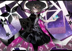  black_cape black_hat brown_hair cape closed_mouth collared_shirt commentary_request cowboy_shot female glasses hat holding holding_phone kusakanmuri medium_hair phone purple_cape purple_eyes red-framed_eyewear shirt short_sleeves skirt smile solo star_(sky) starry_background touhou two-sided_cape two-sided_fabric usami_sumireko white_shirt 