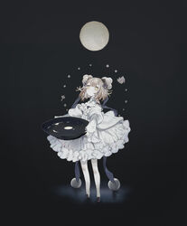  absurdres blue_ribbon bowl brown_hair closed_mouth cup dress female frilled_dress frills full_body gloves glowing gradient_background grey_background hair_ornament highres holding holding_bowl hoshi_rousoku long_sleeves looking_away looking_up moon original ribbon sakazuki short_hair solo standing thighhighs water white_dress white_gloves white_thighhighs yellow_eyes 