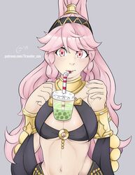  alternate_costume blush bra braid breasts bubble_tea bubble_tea_challenge cleavage commentary cowboy_shot drinking english_commentary female fire_emblem fire_emblem_heroes grey_background hair_between_eyes high_ponytail highres long_hair medium_breasts midriff navel olivia_(fire_emblem) patreon_username pink_eyes pink_hair signature simple_background traveler_san underwear watermark 