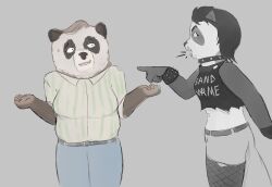  2026 5_fingers age_difference amomw angry anthro bear belt beneath_the_trees_where_nobody_sees bent_arm big_breasts biped black_belt black_body black_bracelet black_collar black_ears black_eyebrows black_fur black_hair black_inner_ear black_nose blue_bottomwear blue_clothing blue_pants bodily_fluids bodypaint bottomwear bracelet breast_size_difference breasts brown_belt brown_body brown_fur clothed clothed_anthro clothed_female clothing collar crop_top curved_eyebrows dark_body dark_fur dark_hair digital_drawing_(artwork) digital_media_(artwork) duo english_text eyebrows eyelashes face_paint fan_character fangs female fingers fishnet_clothing fishnet_legwear frown fully_clothed fully_clothed_anthro fully_clothed_female fur fur_tuft gesture giant_panda grey_background grey_bottomwear grey_clothing grey_ears grey_inner_ear grey_pants grin grinning_at_another hair hand_gesture head_tuft hi_res humanoid_hands jewelry legs_together legwear light_body light_fur looking_at_another mammal mature_anthro mature_female monotone_background multicolored_body multicolored_clothing multicolored_crop_top multicolored_fur multicolored_shirt multicolored_topwear navel navel_piercing nervous nervous_smile nervous_sweat no_irises older_female open_frown open_mouth pants pattern_clothing pattern_shirt pattern_topwear piercing pointing pointing_at_another pointy_ears prick_ears pseudo_hair pupils samantha_strong shirt short_hair simple_background small_pupils smile smiling_at_another snout spiked_bracelet spikes standing striped_clothing striped_shirt striped_topwear stripes studded_collar studs sweat sweatdrop teeth text text_on_clothing text_on_crop_top text_on_shirt text_on_topwear thick_eyebrows thick_thighs topwear tuft two_tone_body two_tone_clothing two_tone_crop_top two_tone_fur two_tone_shirt two_tone_topwear white_body white_fur white_sclera white_text younger_female 