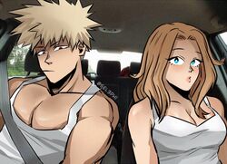  1boy 1girls aged_up big_breasts big_pecs blonde_hair breasts busty camie_utsushimi cleavage female in_car inside_car katsuki_bakugou male meme muscular muscular_male my_hero_academia pecs posing pouty_lips red_eyes selephi_sel3phi straight tank_top white_tank_top 