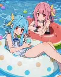  2girls :3 black_one-piece_swimsuit blue_hair blue_one-piece_swimsuit blunt_bangs blush closed_mouth collarbone commentary_request corn_kuten cup day dot_nose drinking_glass drinking_straw feet_out_of_frame hair_bun hair_intakes hair_ribbon highres holding holding_cup innertube kotonoha_akane kotonoha_aoi long_hair looking_at_viewer multiple_girls on_innertube one-piece_swimsuit outdoors pink_hair polka_dot polka_dot_innertube red_eyes ribbon siblings sisters smile swim_ring swimsuit voiceroid water yellow_ribbon 