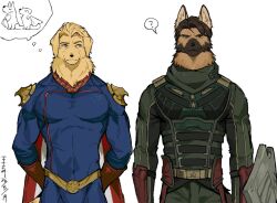  2026 alternate_species anthro bird_dog black_body black_fur black_nose brown_body brown_fur canid canine canis cape clothing domestic_dog fish7163 floppy_ears fur furrification german_shepherd golden_retriever herding_dog homelander_(the_boys) hunting_dog kemono looking_at_another looking_at_viewer male mammal multicolored_body multicolored_fur muscular muscular_anthro muscular_male pastoral_dog pointy_ears question_mark retriever shield signature simple_background soldier_boy_(the_boys) solo superhero superhero_costume tan_body tan_fur the_boys_(series) thought_bubble two_tone_body two_tone_fur white_background 