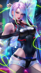  1girls absurd_res absurdres ayyasap bangs bare_shoulders big_breasts black_clothes black_clothing black_leotard blue_eyes breasts busty cd_projekt_red cute_face cybernetics cyberpunk:_edgerunners cyberpunk_2077 female female_focus female_only high_resolution highres jacket large_breasts leotard light-skinned_female light_skin lucyna_kushinada monowire multicolored_hair parted_lips red_lips red_lipstick short_hair shorts solo solo_female solo_focus studio_trigger thighs very_high_resolution white_clothes white_clothing white_jacket white_shorts 