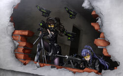  2girls aiming alternate_costume alternate_hairstyle anti-materiel_rifle azur_lane barrett_m82 bipod black_dress black_footwear black_gloves black_hair blue_hair boots breasts broken_wall brown_eyes brown_hair bulletproof_vest camouflage camouflage_jacket camouflage_pants closed_mouth commission crossover dress drone ear_protection english_commentary essex_(azur_lane) fingerless_gloves fingernails floating floating_object floating_weapon girls&#039;_frontline gloves gun headset high_ponytail highres interior jacket kneeling long_hair long_sleeves lying mask medium_breasts medium_hair military multiple_girls muzzle_device on_stomach pants ponytail range_finder respirator rifle sangvis_ferri scarecrow_(girls&#039;_frontline) scope sidelocks signature sniper_rifle tinted_eyewear tripod twintails urban_camouflage weapon yellow-tinted_eyewear zero_(73ro) 