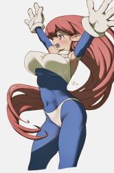  absurdres armpits blue_bodysuit blush bodysuit bouncing_breasts breasts commentary covered_abs covered_navel female galaxy_fight gloves highres large_breasts long_hair oono_tsutomu open_mouth panties pointy_ears red_hair roomi smile snk solo sunsoft symbol-only_commentary toned toned_female underwear very_long_hair white_gloves white_panties 