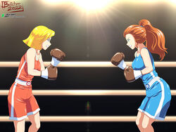  2girls alternate_version_available big_breasts blonde_hair blue_eyes blue_shorts blue_tank_top boxing boxing_gloves boxing_match boxing_ring boxing_shorts breasts brown_boxing_gloves brown_gloves butcherstudios cartoon clenched_teeth clover_(totally_spies) eyebrows_visible_through_hair female female_only gloves green_eyes light-skinned_female light_skin lips lipstick orange_hair orange_shorts orange_tank_top ponytail sam_(totally_spies) short_hair shorts tank_top thick thick_hips thick_thighs tied_hair totally_spies wide_hips 