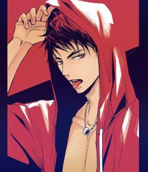  1boy a_jou arm_up bare_pectorals collarbone commentary_request drawstring forked_eyebrows hood hoodie jewelry kagami_taiga kuroko_no_basuke letterboxed looking_to_the_side male_focus necklace open_clothes open_hoodie pectorals red_eyes red_hair red_hoodie ring ring_necklace sideways_glance solo teeth tongue tongue_out upper_body upper_teeth_only 