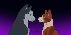  2d_animation akita animated basenji black_nose blue_eyes brown_body brown_fur canid canine canis cheek_tuft couple_(disambiguation) domestic_dog duo ear_twitch ears_back facial_tuft feral fur fur_tuft grey_body grey_fur heart_reaction heart_symbol husky kissing kudo licking licking_nose mammal mochasplash neck_tuft nordic_sled_dog nose_kiss orange_eyes pink_nose pivoted_ears primitive_dog romantic romantic_couple simple_background smile smiling_at_another smiling_at_partner smirk snout spitz striped_body striped_fur stripes suki_(mochasplash) surprise teasing teeth tongue tuft wet_tongue 