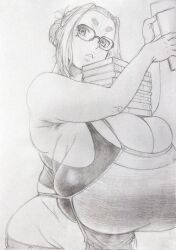  alternate_breast_size apron armpit_hair arms_up bangs_pinned_back bare_arms book book_stack bra breasts commentary_request female gigantic_breasts glasses graphite_(medium) greyscale hair_bun highres holding holding_book kaii_to_otome_to_kamikakushi looking_to_the_side mole mole_under_eye monochrome object_on_breast ogawa_sumireko pants parted_lips single_hair_bun skindentation solo tanuma_yuuichirou thick_eyebrows traditional_media undersized_clothes underwear upper_body working 