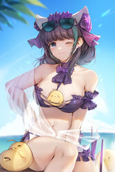  animal_band animal_ears arm_garter azur_lane bare_shoulders bikini black_hair breasts cheshire_(azur_lane) cheshire_(summery_date!)_(azur_lane) choker commentary_request eyewear_on_head fake_animal_ears female highres large_breasts long_ribbon looking_at_viewer manjuu_(azur_lane) multicolored_hair navel one_eye_closed outdoors partial_commentary purple_bikini purple_choker purple_garter sarong short_hair side-tie_bikini_bottom solo strapless strapless_bikini streaked_hair suisei_(sui_seic) sunglasses swimsuit tinted_eyewear 