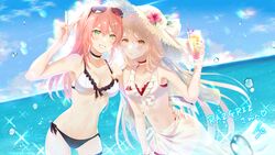  2girls bikini black_bikini blonde_hair blue_sky blush breasts cleavage closed_mouth commentary_request commission creator_connection cup day eyewear_on_head fingernails flower frilled_bikini frills girls&#039;_frontline green_eyes hand_on_own_hip hand_up hat hat_flower highres holding holding_cup hug long_hair looking_at_viewer medium_breasts multiple_girls navel ocean official_alternate_costume ots-14_(girls&#039;_frontline) outdoors parted_lips pink_hair r93_(girls&#039;_frontline) r93_(holiday_lucky_star)_(girls&#039;_frontline) red_bikini sarong side-tie_bikini_bottom signature simple_background sky smile straw_hat sui_(camellia) sun_hat swimsuit v water white_bikini yellow_eyes 