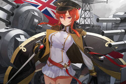  absurdres alternate_uniform aoiro_(t_aoiro123) azur_lane black_cloak black_headwear breasts cloak closed_mouth dress feet_out_of_frame female hair_ornament highres holding long_hair looking_at_viewer medium_breasts monarch_(azur_lane) purple_eyes red_hair solo standing union_jack white_dress 