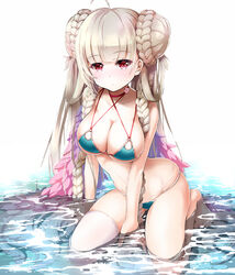  ahoge arm_support azur_lane bad_feet barefoot between_legs bikini blue_bikini blunt_bangs blush braid braided_bun breasts choker cleavage closed_mouth collarbone commentary double_bun feather_boa female formidable_(azur_lane) formidable_(the_lady_of_the_beach)_(azur_lane) grey_hair hair_bun hair_rings hand_between_legs large_breasts long_hair looking_at_viewer micro_bikini multi-strapped_bikini_bottom multi-strapped_bikini_top nitchi official_alternate_costume pink_choker red_eyes sidelocks simple_background single_thighhigh skindentation solo swimsuit thighhighs thighs twin_braids underboob very_long_hair water wet wet_hair white_thighhighs 