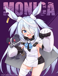  :d animal_ears arm_up bandage_over_one_eye bandaged_leg bandages bike_shorts black_shorts blue_eyes blue_hair breasts character_name cloak commentary_request cowboy_shot ear_tag elbow_gloves female gloves hair_between_eyes highres ivan_wang little_witch_nobeta long_hair monica_(little_witch_nobeta) official_art open_mouth paw_pose purple_background rabbit_ears sharp_teeth short_shorts shorts sideless_outfit simple_background small_breasts smile solo standing stuffed_animal stuffed_toy tabard teddy_bear teeth two_side_up white_cloak white_gloves white_tabard 