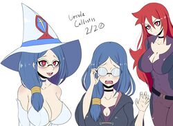  3girls blue_hair breasts character_name choker cleavage closed_mouth collarbone commentary dated english_commentary glasses hat highres large_breasts leotard little_witch_academia long_hair looking_at_viewer multiple_girls multiple_persona open_mouth red_eyes red_hair shiny_chariot spoilers tongue ursula_charistes white_headwear white_leotard young_savage 