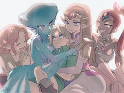  1boy 4girls age_difference aged_up blonde_hair blue_eyes blue_skin breasts brown_hair cleavage colored_skin commentary_request dark-skinned_female dark_skin elbow_gloves fish_girl forehead_jewel gerudo gloves hair_ornament harem highres hug jewelry link lolicon long_hair looking_at_another malon monster_girl multiple_girls nabooru necklace noah_(tettsui-sole) pointy_ears ponytail princess_ruto princess_zelda purple_eyes red_hair simple_background straight the_legend_of_zelda the_legend_of_zelda:_ocarina_of_time tiara time_paradox yellow_eyes young_link zora 