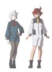  2girls absurdres ahoge asticassia_school_uniform boots full_body grey_eyes gundam gundam_suisei_no_majo hair_between_eyes hairband hand_on_own_hip highres long_hair long_sleeves looking_at_another miorine_rembran multiple_girls pantyhose parted_lips psylduck red_hair school_uniform shorts shoulder_boards standing suletta_mercury thick_eyebrows white_background white_hair 