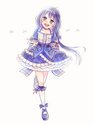  bad_id bad_twitter_id blue_bow blue_dress blue_footwear blue_hair blush bow dress eto_(etupirkadr) female flat_chest head_tilt highres looking_at_viewer nijisanji official_alternate_costume open_mouth simple_background smile solo straight-on virtual_youtuber white_background yuuki_chihiro yuuki_chihiro_(8th_costume) 