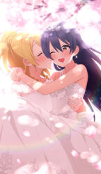  2girls ;d absurdres arms_around_neck asymmetrical_bangs ayase_eli blonde_hair blue_hair blush breasts carrying closed_eyes commentary_request dress earrings hair_between_eyes hair_ornament highres hug jewelry kissing kissing_cheek lace-trimmed_dress lace_trim long_hair love_live! love_live!_school_idol_project medium_breasts multiple_girls nanatsu_no_umi necklace one_eye_closed open_mouth pearl_necklace ponytail shiny simple_background smile sonoda_umi tiara upper_body wedding wedding_dress wife_and_wife yellow_eyes yuri 