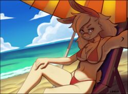  anthro beach beach_umbrella bikini chair clothing eyewear female fur furniture glasses lagomorph lagovirt leporid mammal outside parasol rabbit rule_63 sand seaside solo swimwear vinael 