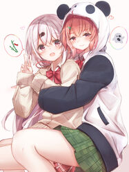  2girls :d animal_ears animal_hood bad_id bad_pixiv_id bamboo blush bow brown_background brown_cardigan cardigan closed_mouth collared_shirt commentary fake_animal_ears ghost grey_skirt hair_between_eyes hand_up heart highres hood hood_up hooded_jacket jacket long_hair long_sleeves multiple_girls nijisanji open_mouth panda_ears panda_hood plaid plaid_skirt pleated_skirt red_bow red_eyes red_hair red_skirt sasaki_saku sasaki_saku_(1st_costume) sashima shiina_yuika shiina_yuika_(1st_costume) shirt skirt sleeves_past_wrists smile v very_long_hair virtual_youtuber white_hair white_jacket white_shirt yuri 