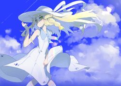  bare_arms blonde_hair blue_sky braid closed_mouth cloud commentary_request day dress female green_eyes hat knees_together_feet_apart lillie_(pokemon) long_hair looking_at_viewer newflame outdoors pokemon pokemon_sm shadow sky sleeveless sleeveless_dress smile solo standing sun_hat sundress sunlight twin_braids white_dress white_hat wind wind_lift 